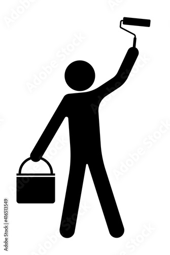 stick man, builder paint a wall with roller, repair of building facades. Work of repairer. Isolated vector on white background