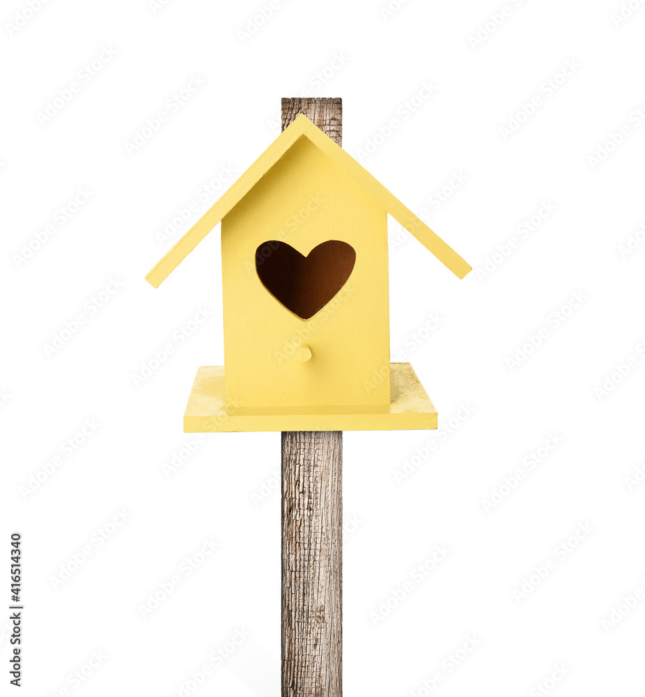 Beautiful wooden bird box isolated on white Beautiful wooden bird box isolated on white