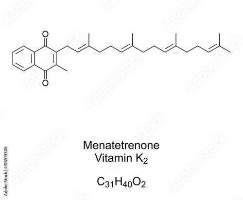 Menatetrenone, Vitamin K2, menaquinone, chemical formula and skeletal structure. Also known as MK-4, is one of 9 forms of vitamin K2, found in animal products and fermented foods. Illustration. Vector