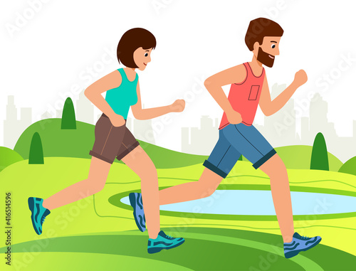 Active people running distance in park, cartoon characters. Healthy lifestyle concept, summer outdoor. Man and woman, sprint race or jogging. Vector illustration in modern flat style.