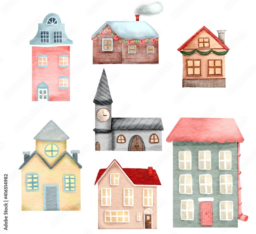 Hand drawn watercolor happy houses set design. cartoon cute style, isolated  illustration on white.