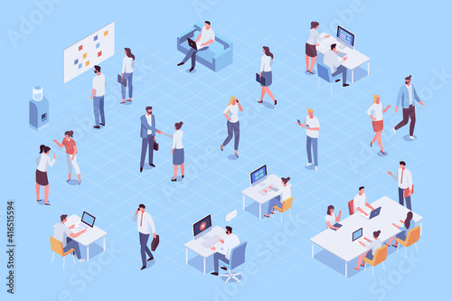 Isomeric office people vector set. Office life. Business people, Teamwork. Vector characters isolated on background..