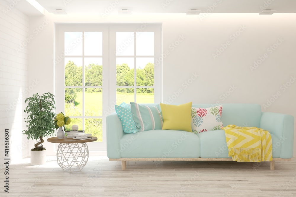 Fototapeta premium Minimalist living room in white color with sofa and summer landscape in window. Scandinavian interior design. 3D illustration