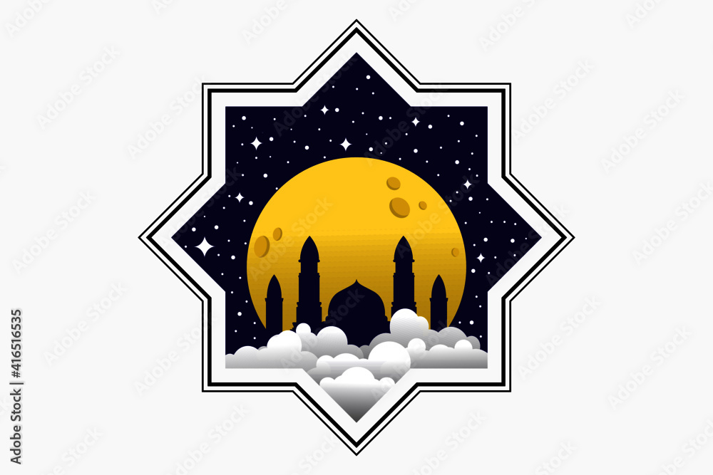 Islamic themed vector illustration with moon, mosque and cloud images