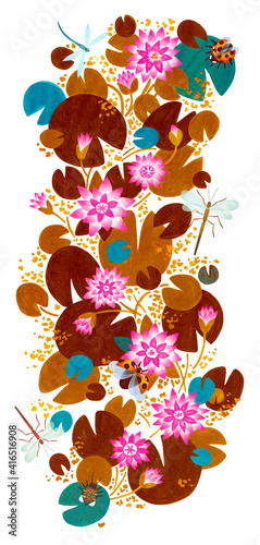 Artistic ornament with the image of water lilies. Color illustration on a white background.