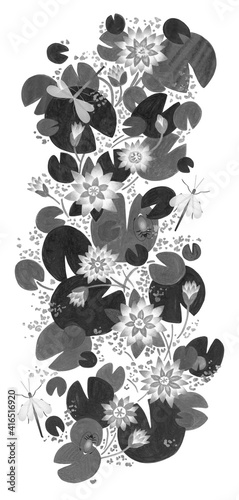 Artistic ornament with the image of water lilies. Monochrome illustration on a white background.