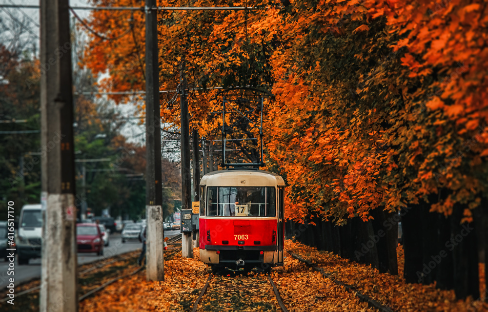 Obraz premium The red tram in the autumn urban landscape. Odessa, Ukraine 