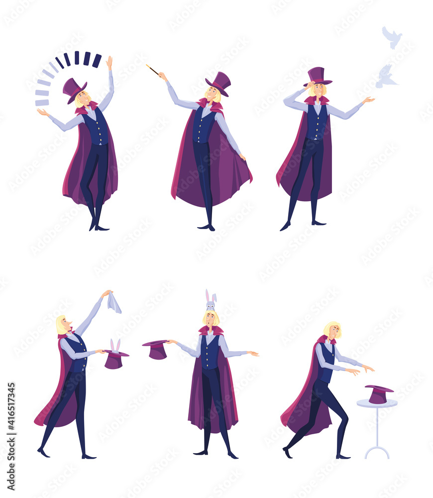 Circus illusionist set. Cartoon magician man in cape juggling or taking rabbit from top hat isolated on white. Vector illustration for show, festive fair, entertainment for kids concept