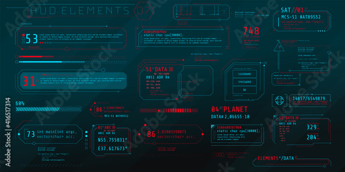 A set of HUD text elements for a futuristic interface.