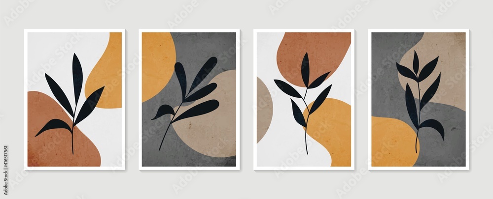 Botanical wall art vector set. Minimal and natural wall art. Boho foliage drawing with abstract shape. Abstract Plant Art design for print, wallpaper, cover. Modern vector illustration.