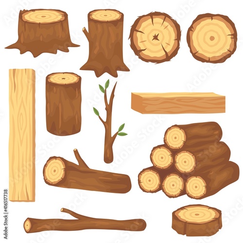 Variety of wood logs and trunks flat pictures set for web design. Cartoon wooden lumbers, planks and branches isolated vector illustration collection. Forestry construction materials concept