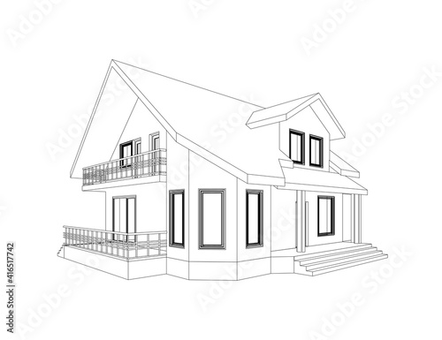 3D suburban house model. Drawing of the modern building. Cottage project on white background. Vector blueprint.