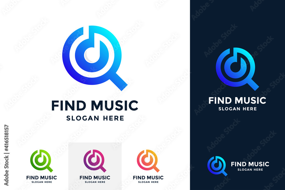 Find music logo design template. Musical icon with magnifying glass combination.
