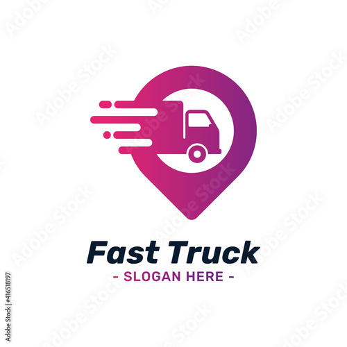 Fast truck location logo design template. Combined with speed symbol and gps map point icon. Concept of supply, distribution, logistics, express, freight, moving, shipping, etc.