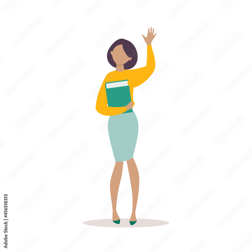 Portrait of a girl. Flat illustration of a girl waving her hand and holding a book isolated on a white background. Vector 10 EPS. Portrait of a girl. Flat illustration of a girl waving her hand and holding a book isolated on a white background. Vector 10 EPS.