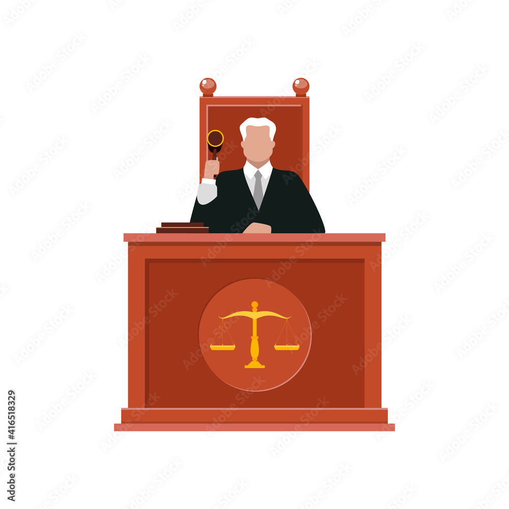Judge. Flat illustration of judge character with a hammer in his hand isolated on a white background. Vector 10 EPS. Judge. Flat illustration of judge character with a hammer in his hand isolated on a white background. Vector 10 EPS.