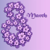 Vector. March 8, International Women's Day. Purple sakura flowers, cherry blossoms are placed along the contour of number 8. Festive banner, web poster, flyer, stylish brochure, postcard, cover.
