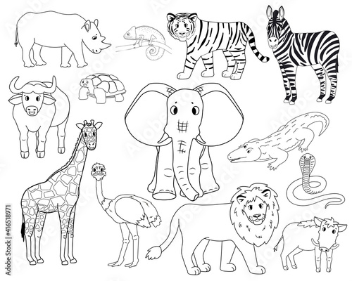 Set of white cartoon isolated outline Savannah animals. Tiger, lion, rhinoceros, common warthog, African buffalo, tortoise, chameleon, zebra ostrich, elephant, giraffe, crocodile, cobra for children.