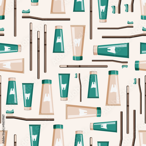 Pattern of wooden, bamboo toothbrushes with toothpaste isolated on beige background. ECO natural brush in flat style.