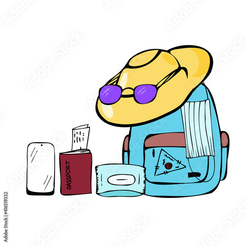 New reality travel concept, backpack, passport, sunglasses, sun hat, telephone, medical mask and antibacterial wipes.