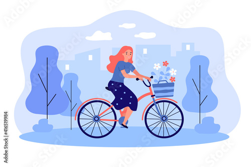 Happy girl riding retro bicycle with bouquet of flowers in basket. Woman cycling in city park. Vector illustration for active lifestyle, female bike rider concept