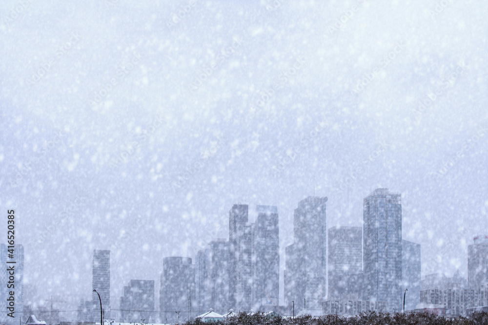 Snow storm over downtown Montreal in Quebec