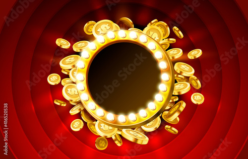Casino lamp frame with gold realistic 3d coins background. Vector