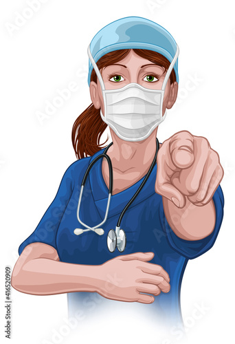 Wallpaper Mural A woman nurse or doctor in surgical or hospital scrubs and mask pointing in a your country needs or wants you gesture