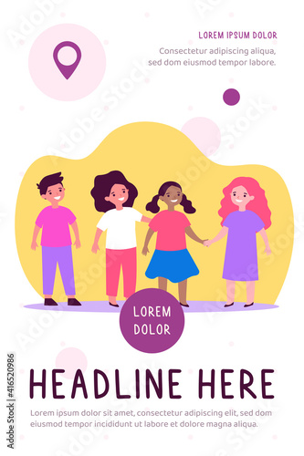 International friendship or multiethnic classmates concept. Diverse group of African American and Caucasian children playing together in kindergarten or school. Flat vector illustration