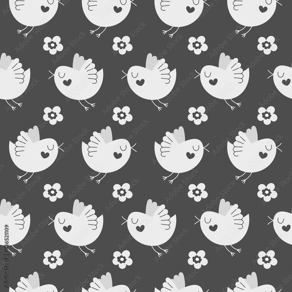 Simple cute stylized birds on a dark background. Seamless pattern for packaging, wallpaper, paper, scrapbooking. Kids decor