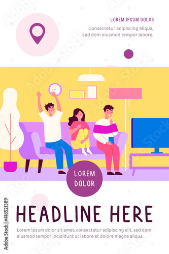 Cheerful friends watching TV. Football fans, match, interior flat vector illustration. TV show, leisure, friendship concept for banner, website design or landing web page