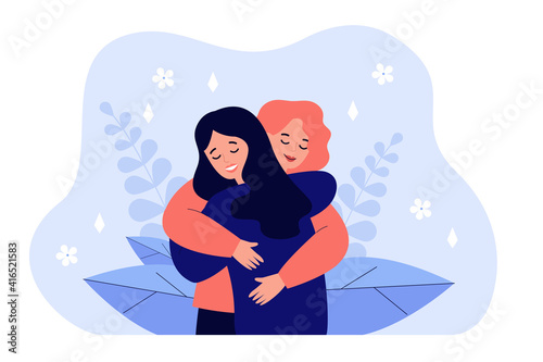 Female friend hug. Women embracing each other, expressing love, affection, support. Vector illustration for friendship, strong relations, support concept photo