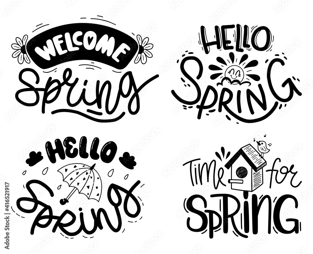 Set of different phrases about spring. Collection of hand drawn