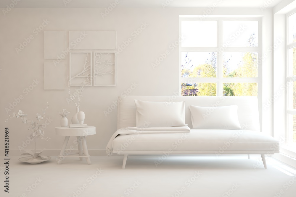 White living room with sofa and summer landscape in window. Scandinavian interior design. 3D illustration White living room with sofa and summer landscape in window. Scandinavian interior design. 3D illustration