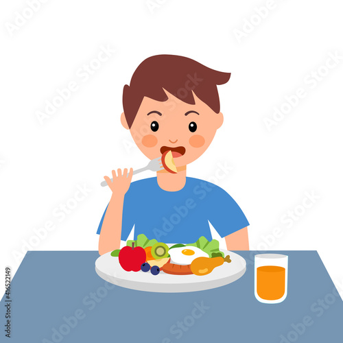 Boy kids eating sausage, fried egg, chicken, fruits and some vegetables in flat design on white background. Children enjoy eating delicious meal for breakfast or lunch.