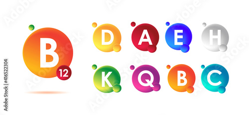 Set of vitamins labels in multicolored 3d circles, diet supplements design element