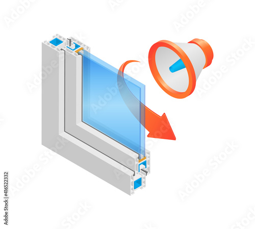 Isometric vector illustration noise reducing plastic window frame profile isolated on white background. Cross-section diagram of a soundproofing double glazed window pane UPVC profile in cartoon style