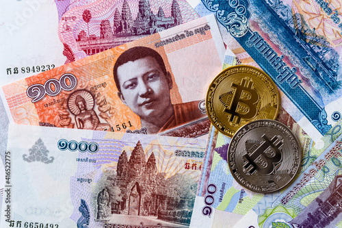 A background of the stacked Cambodian riel - KHR, the official currency of Cambodia photo