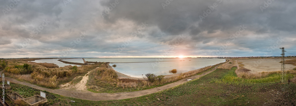 Panoramic view of Pomorie salt lake near the town of Pomorie, Burgas region, Bulgaria. Panorama