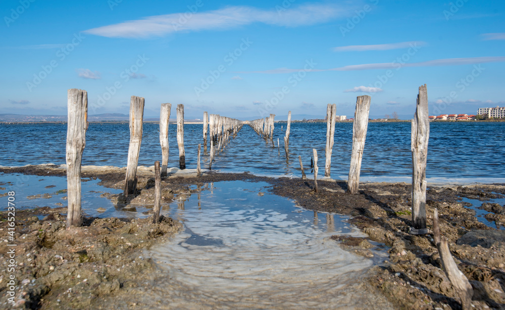 Pomorie salt lake near the town of Pomorie, Burgas region, Bulgaria. Sea salt production