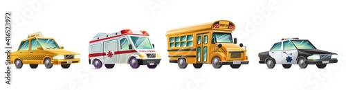 Vector cartoon collection of cars, yellow taxi, ambulance, school bus and police car. Isolated on white background.