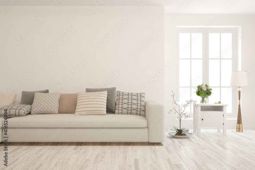 Fototapeta premium White living room with sofa. Scandinavian interior design. 3D illustration