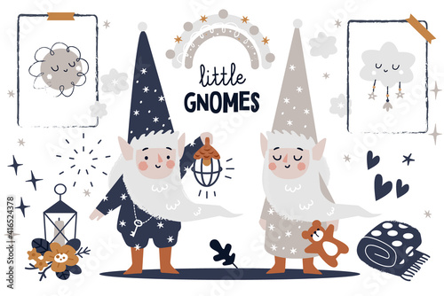 Baby nursery decor, seamless vector pattern. Little gnome textile design. Magic good night story illustration.
