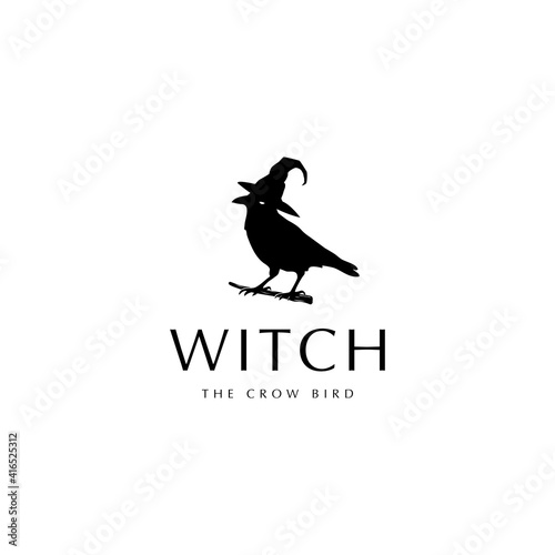 Witch bird logo design. Raven bird logo. Blackbird silhouette. The crow bird vector. Mystical Bird symbol. Halloween symbol vector