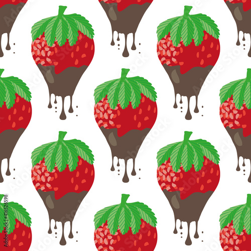 Chocolate dipped strawberry seamless vector pattern background. Painterly red berries dripping with melting drops of sweet ganache. Garden fruit repeat for summer party food and celebration concept
