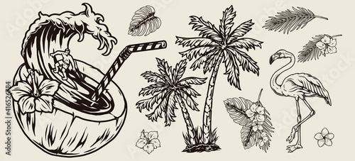 Vintage monochrome surfing tropical composition