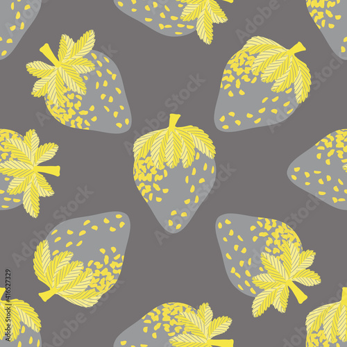 Ripe strawberry seamless vector pattern background. Painterly hand drawn garden berries yellow grey backdrop. Duotone organic soft fruit all over print for healthy food or summer home grown concept