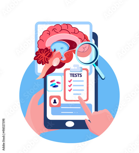 Online Touchscreen Hospital.Brain Cancer Swelling Curing Mobile Application.Magnetic Resonance Imaging,Smartphone Test.Consultation,Medical Internet Diagnostics. Digital Treatment. Vector Illustration