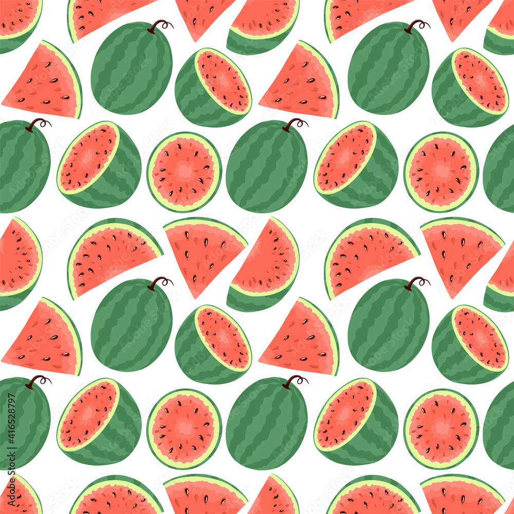 Fresh and ripe watermelon vector hand drawn seamless pattern. Watermelon slices, summer food illustration. Fresh and ripe watermelon vector hand drawn seamless pattern. Watermelon slices, summer food illustration.