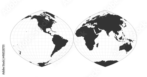 Map of the World. Quartic authalic projection interrupted into two hemispheres. Globe with latitude and longitude net. World map on meridians and parallels background. Vector illustration.